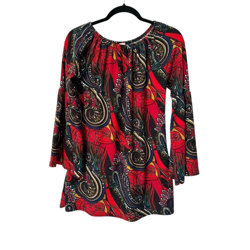 Win Win Top Womens Size S-M Bell Sleeve Red Black Tribal Aztec Boho Hippie Tunic